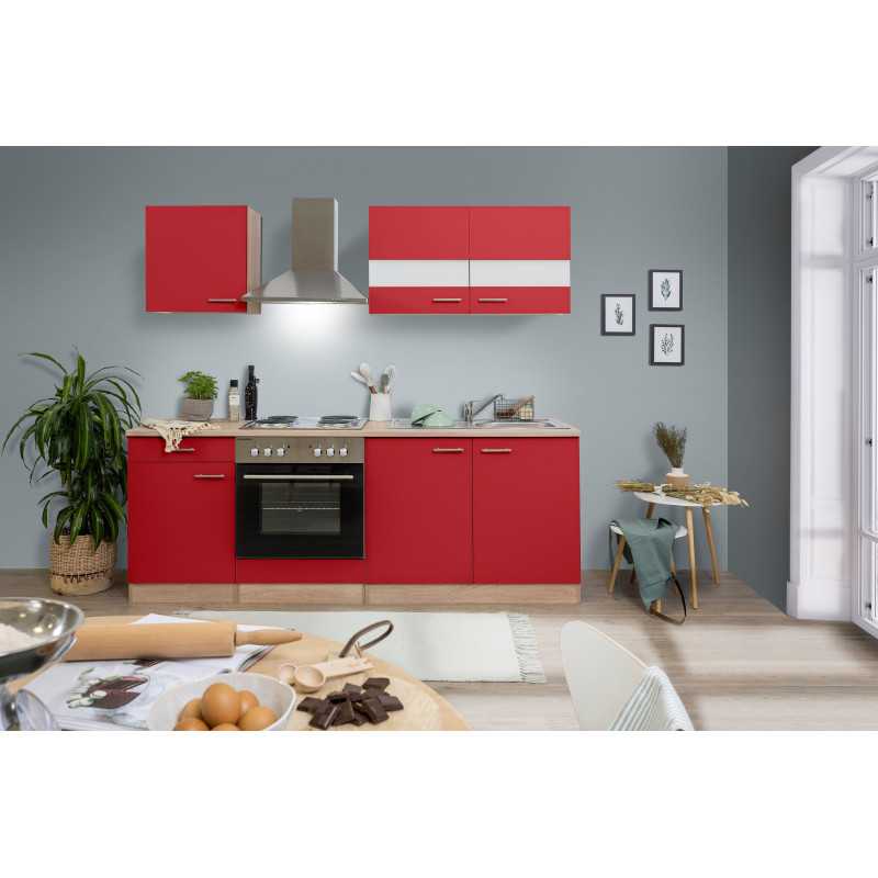 V9 - Küchenzeile Singleküche 210cm Eiche Sägerau rot
