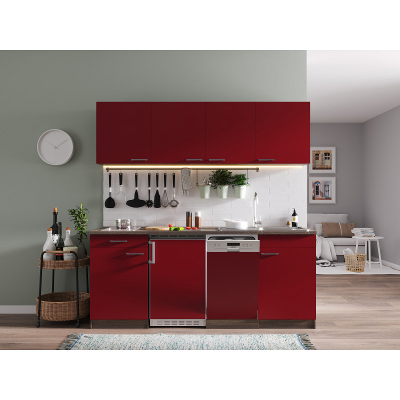 V6 - Singleküche Küchenzeile 195cm Eiche York rot