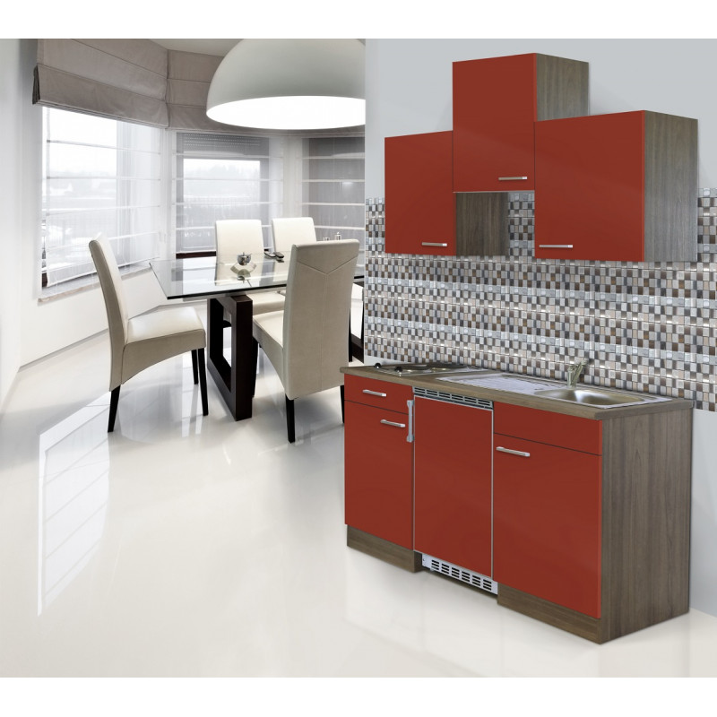 V16 - Singleküche Küchenzeile 150cm Eiche York rot