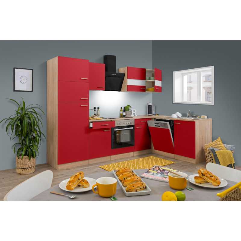 V3 - Küchenzeile Winkelküche L-Küche 280cm Eiche Sägerau rot