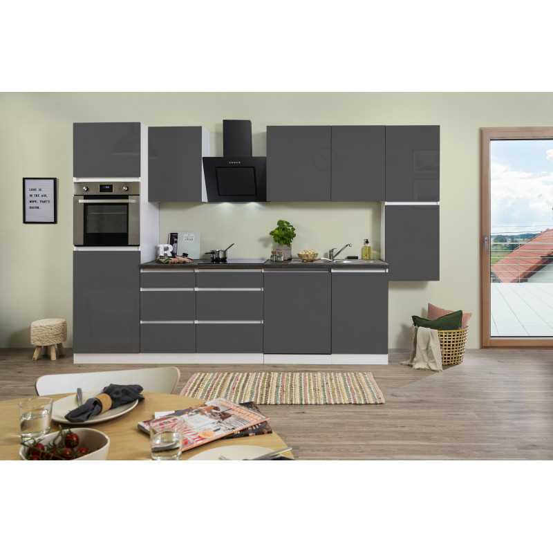 V9 - Küchenzeile Küchenblock 330cm Hochglanz grau