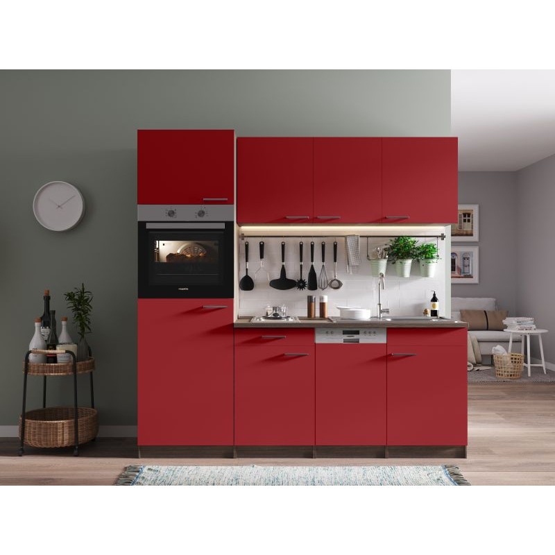 001 - Küchenzeile Singleküche 205cm - Eiche/York/Rot