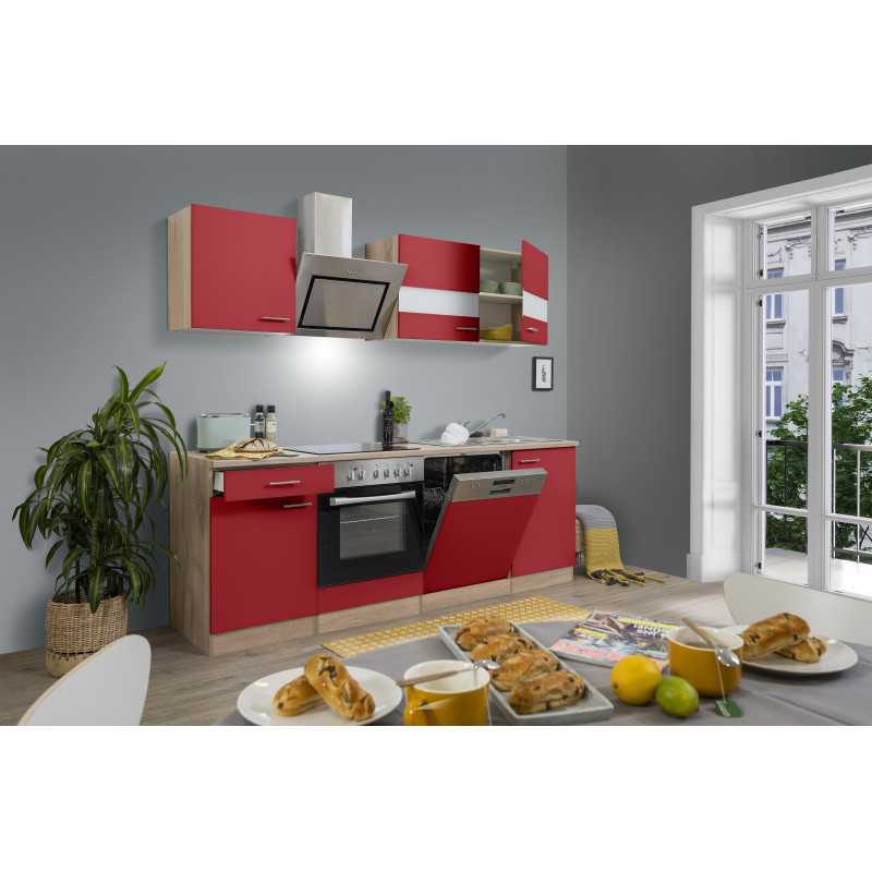 V18 - Küchenzeile Singleküche 220cm Eiche Sonoma rot