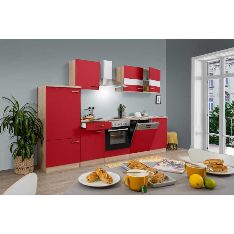 V33 - Küchenzeile Küchenblock 280cm Eiche Sägerau rot