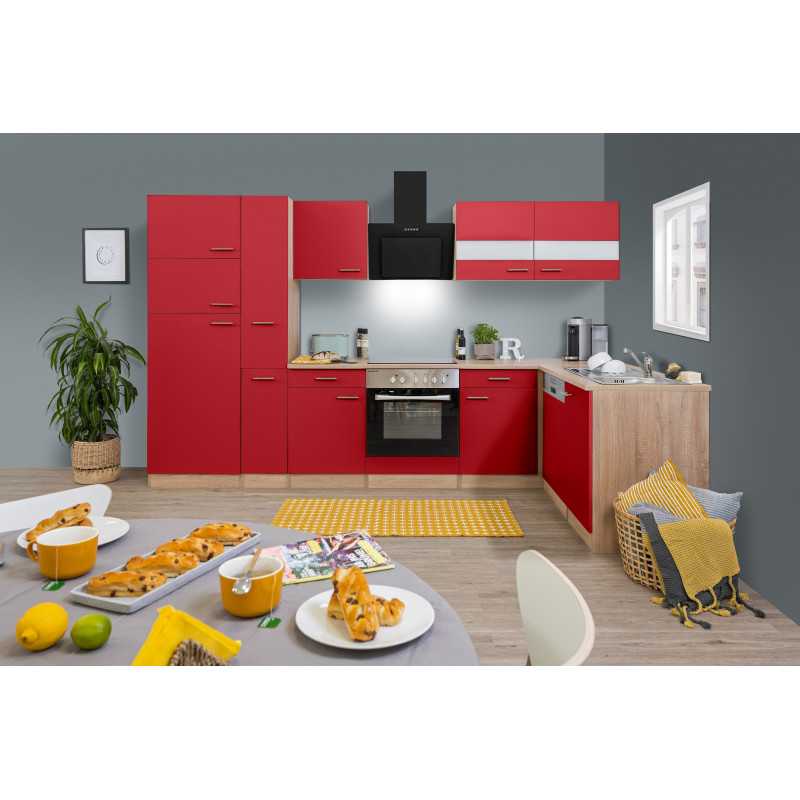 V5 - Küchenzeile Winkelküche L-Küche 310cm Eiche Sägerau rot