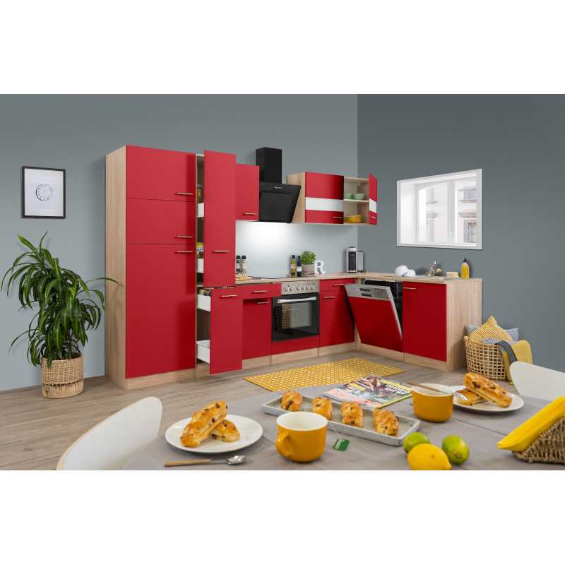 V5 - Küchenzeile Winkelküche L-Küche 310cm Eiche Sägerau rot